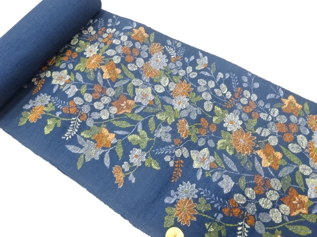 JAPANESE KIMONO / ANTIQUE BOLT FOR NAGOYA OBI / SILK / TSUMUGI / WOVEN FLOWERS
